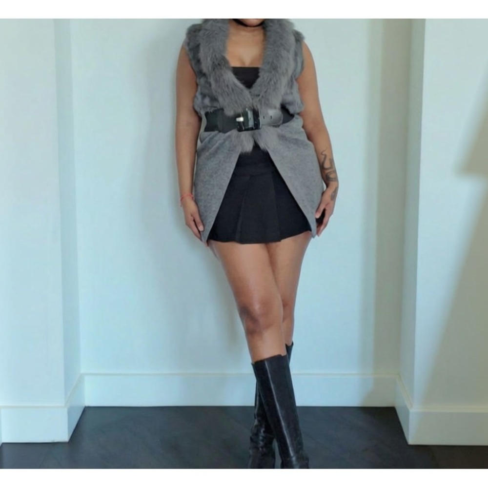 Ecafil Grey Genuine Fox Fur Angora Belted Vest Size M-L
